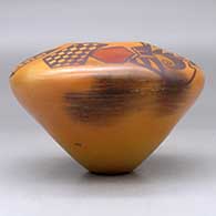 A polychrome jar decorated above the high shoulder with a bird element, crosshatch, checkerboard and geometric design, plus fire clouds, click or tap to see a larger version