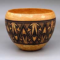 An open black-on-mixed clay bowl decorated around the body with a band of geometric design
 by Calvin Analla Jr of Laguna