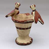 A polychrome bird bath with two birds perched on the rim and decorated with three bands of geometric design for the ground, life and sky bands, from the tourist days at Isleta Pueblo
 by Unknown of Isleta