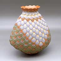 Click for a larger view An oval lazy coil polychrome jar with a recurved pie crust neck and decorated with a geometric design
by Jamie Zane Smith of Wyandot