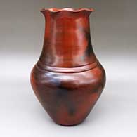 Large red double-shouldered jar with a pine pitch coating, a pie crust rim, and fire clouds; includes Best of Class and Best of Division ribbons from the 2004 Heard Museum Guild Indian Fair and Market in Phoenix, AZ
 by Samuel Manymules of Dineh