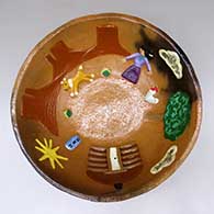 A polychrome bowl decorated inside with a typical Navajo homestead scene in Monument Valley countryside in the daytime
 by Elizabeth Manygoats of Dineh