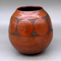 Click for a larger view A brown jar decorated with fire clouds and a band of sgraffito geometric design
by Sue Williams of Dineh