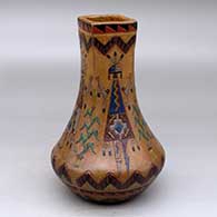 Click for a larger view A polychrome vase with a square neck and decorated with a sgraffito and painted yeibichai, corn plant and geometric design
by Nancy Yazzie of Dineh