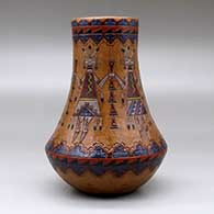 A polychrome low shouldered jar with a tall neck and decorated with a sgraffito and painted yeibichai, feather and geometric design, click or tap to see a larger version
