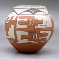 A polychrome jar decorated with a four panel kiva step, bird element and geometric design, click or tap to see a larger version