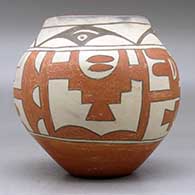 A polychrome jar decorated with a four panel kiva step, bird element and geometric design, click or tap to see a larger version