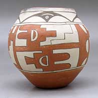 A polychrome jar decorated with a four panel kiva step, bird element and geometric design, click or tap to see a larger version