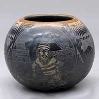 A black bowl with a sienna rim and a sgraffito koshare, wildlife, avanyu, feather and geometric design
 by Kevin Naranjo of Santa Clara