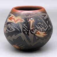 Click for a larger view A black jar with a sienna rim and spots, an inlaid stone and a sgraffito avanyu, bear paw and geometric design
by Sammy Naranjo of Santa Clara