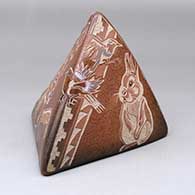 Click for a larger view A three sided pyramid piece decorated with a sgraffito and painted deer, bird, rabbit, frog and geometric design
by Dusty Naranjo of Santa Clara