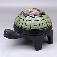 A polychrome turtle figure with inlaid stones and a carved, painted and sgraffito hummingbird, flower and geometric design
 by Melony Gutierrez of Santa Clara