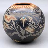 A black jar with a sienna rim and spots, decorated with a sgraffito avanyu, feather and geometric design, plus an inlaid stone
 by Sammy Naranjo of Santa Clara