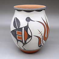 A polychrome jar with a recurved neck and decorated with a turkey, plant, flower and geometric design
 by Ambrose Atencio of Santo Domingo