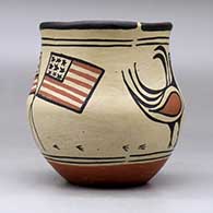 A polychrome jar decorated with a bird, plant and American flag design, click or tap to see a larger version