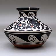 A polychrome low shouldered jar with a short neck and flared rim, all decorated with a fish, water symbol and geometric design, click or tap to see a larger version
