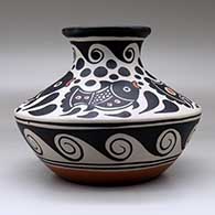 A polychrome low shouldered jar with a short neck and flared rim, all decorated with a fish, water symbol and geometric design, click or tap to see a larger version