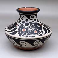 A polychrome low shouldered jar with a short neck and flared rim, all decorated with a fish, water symbol and geometric design
 by Thomas Tenorio of Santo Domingo
