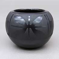 Small black-on-black bowl with a feather ring and geometric design
 by Marvin and Frances Martinez of San Ildefonso