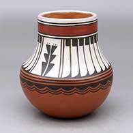 A polychrome water jar decorated around the shoulder with a geometric water design and around the neck with a feather and geometric design
 by Johnny Cruz of San Ildefonso