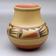 Click for a larger view A polychrome jar decorated with a four panel geometric design around the shoulder
by Johnny Cruz of San Ildefonso