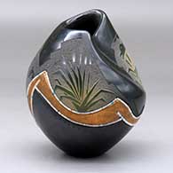 A polychrome jar with an organic opening and shape decorated with a sgraffito duck and bullrushes with inlaid strands of heishi beads and a geometric design, click or tap to see a larger version