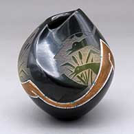 A polychrome jar with an organic opening and shape decorated with a sgraffito duck and bullrushes with inlaid strands of heishi beads and a geometric design
 by Russell Sanchez of San Ildefonso