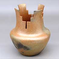 A golden micaceous prayer jar with fire clouds
 by Angie Yazzie of Taos