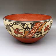 Large polychrome bowl with a traditional Zia design featuring roadrunner and geometric elements
 by Sofia Medina of Zia