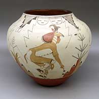 Click for a larger view A large polychrome jar decorated with a four panel Zia Deer Dancers and geometric design
 by Sofia Medina of Zia