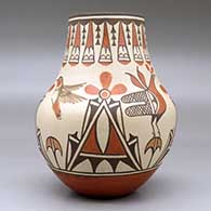 A tall neck polychrome jar decorated with a two-panel hummingbird, roadrunner, flower and geometric design, click or tap to see a larger version