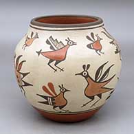 A polychrome jar decorated with images of roadrunners from throughout Zia pottery history
 by Elizabeth Medina of Zia