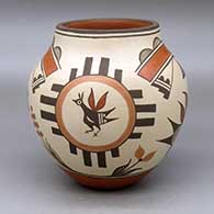 A polychrome jar decorated with a four panel roadrunner, Zia sun sign, flower, rainbow and geometric design
 by Elizabeth Medina of Zia