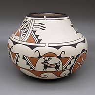 Polychrome jar with a traditional Zuni design featuring deer-with-heart-line and geometric elements
 by Alan Lasiloo of Zuni