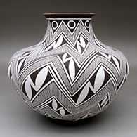 A large polychrome jar with a flared rim and decorated with a pumpkin seed, fine line and geometric design
 by Anderson Jamie Peynetsa of Zuni