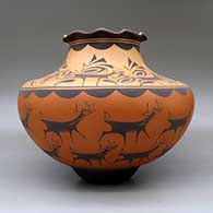 A large polychrome jar with a pie crust rim and decorated with a deer-with-heart-line and geometric design, click or tap to see a larger version