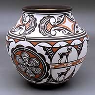 A polychrome jar decorated with a rosette, deer-in-his-house and geometric design
 by Carlos Laate of Zuni