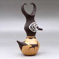 A small polychrome, feather-crested duck pot decorated with a deer-with-heart-line and geometric design, click or tap to see a larger version