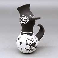 A small polychrome, crowned duck pot decorated with a frog, tadpole and geometric design
 by Anderson Jamie Peynetsa of Zuni
