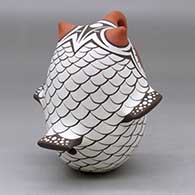 A polychrome owl figure decorated with a bird element design, click or tap to see a larger version