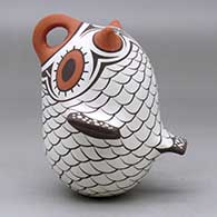 A polychrome owl figure decorated with a bird element design, click or tap to see a larger version