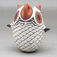 A polychrome owl figure decorated with a bird element design, click or tap to see a larger version