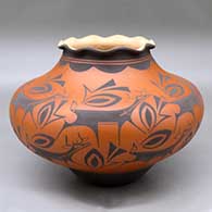 A polychrome jar with a pie crust rim and decorated with a deer with heart line, mountains, forest and geometric design
 by Anderson Peynetsa of Zuni