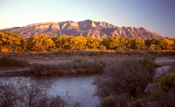 The Sacred Sandia Mountains, as seen from the banks of the Rio Grande